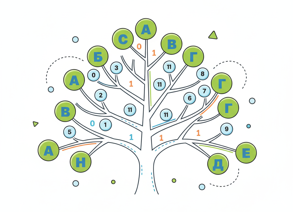 Дерево Хаффмана: путь от корня к каждому символу определяет его уникальный код