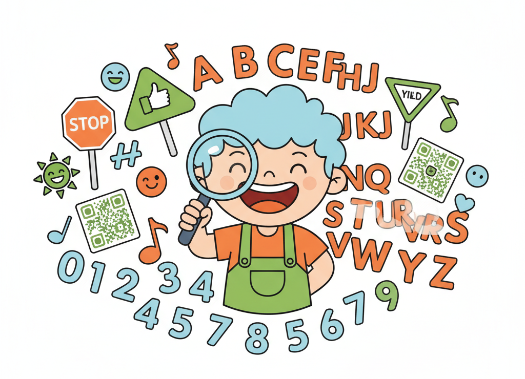 Ребёнок с лупой изучает различные коды и символы