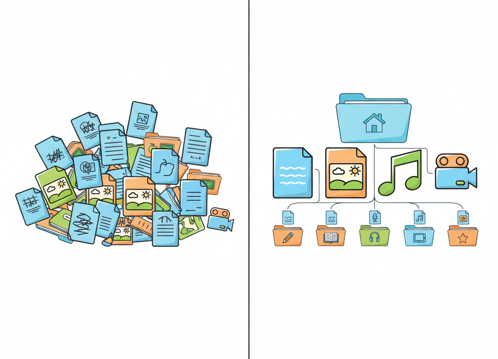 Основные типы файлов: текст, картинки, музыка, видео