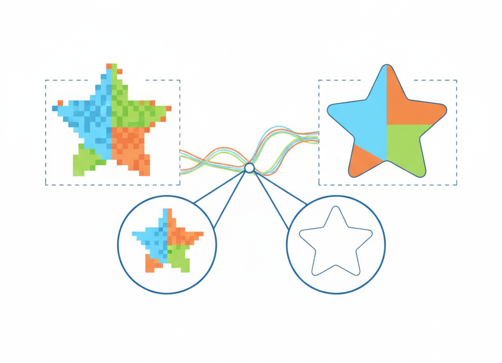 Векторная графика не теряет качества при увеличении, в отличие от растровой